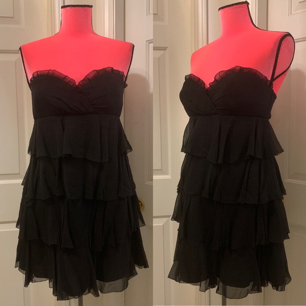 Bebe strapless silk tiered dress w/ruffle details